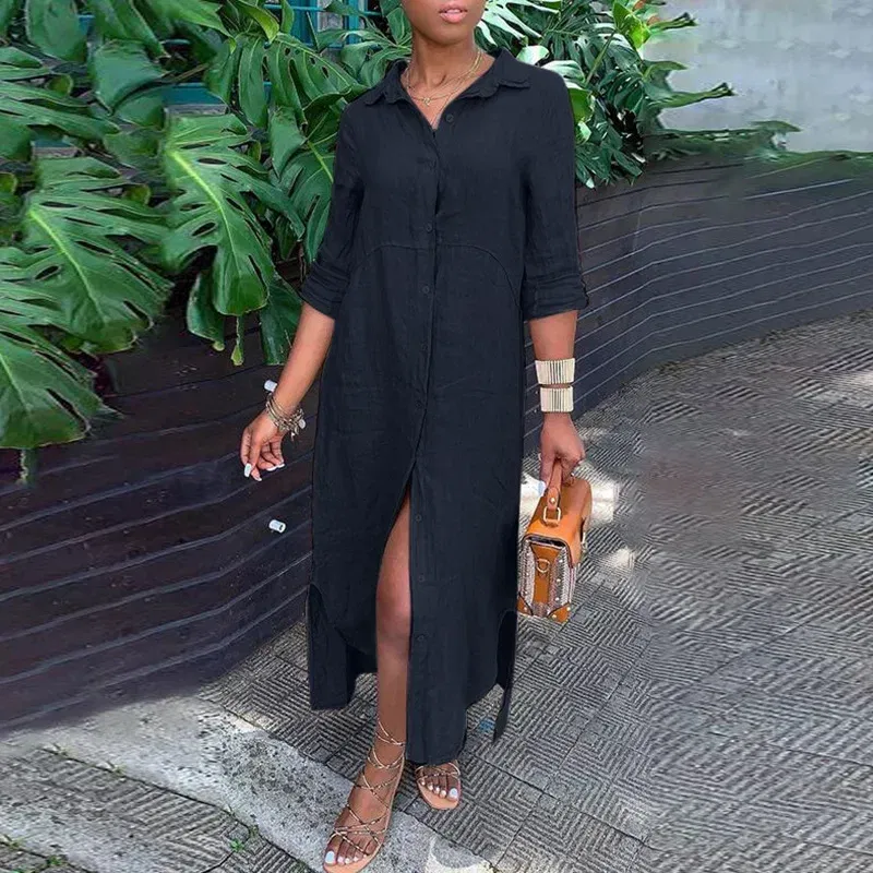 Color: Beige, Size: L - Long Shirt Dress Women Autumn Cotton Linen Leisure Turn Down Collar Maxi Dresses Female Elegant Loose Beach Spring Vestidos