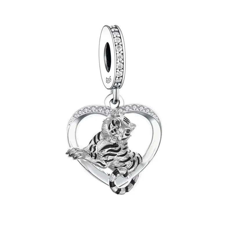 Color: green - Fit Original Pan Charm Bracelet 925 Silver Sheep Tiger Highland Cow Tiger Mexico Axolotl Hamster Bead For Making Berloque