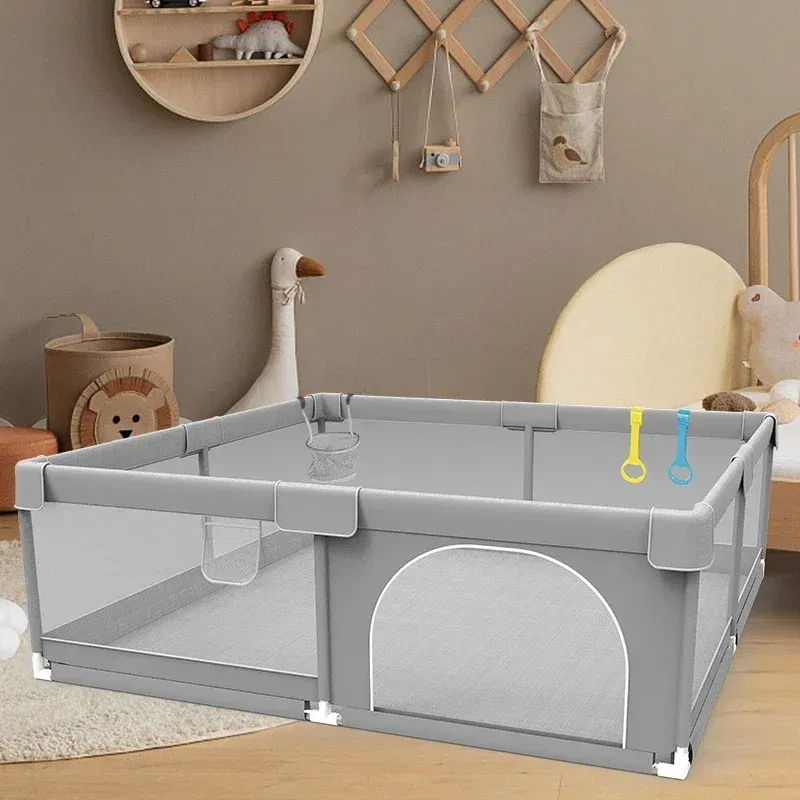 IMBABY Baby Playpen Gray Baby Corralitos Playpen for Children with Pull Ring Ball Box Child Safety Barrier Fence Baby Gym