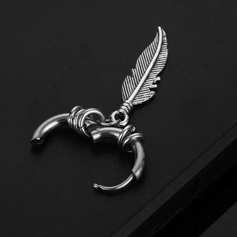 Metal Color: RED - 2pcs Fashion Cross Feather Stud Earrings, Punk Rock Style For Women Men High Quality Stainless Steel Hiphop Ear Jewelry