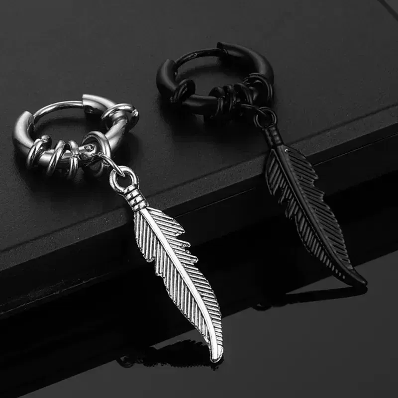 Metal Color: RED - 2pcs Fashion Cross Feather Stud Earrings, Punk Rock Style For Women Men High Quality Stainless Steel Hiphop Ear Jewelry