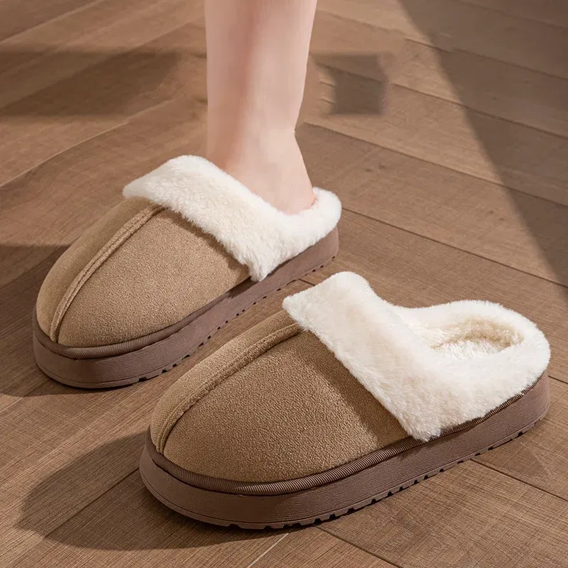 Color: GRAY, Shoe Size: 36-37 - New Fluffy Home Warm Slippers Women Soft Sole Bedroom Plush Lined Winter Shoes Woman Comfortable Non Slip Faux Fur Slippers 2024