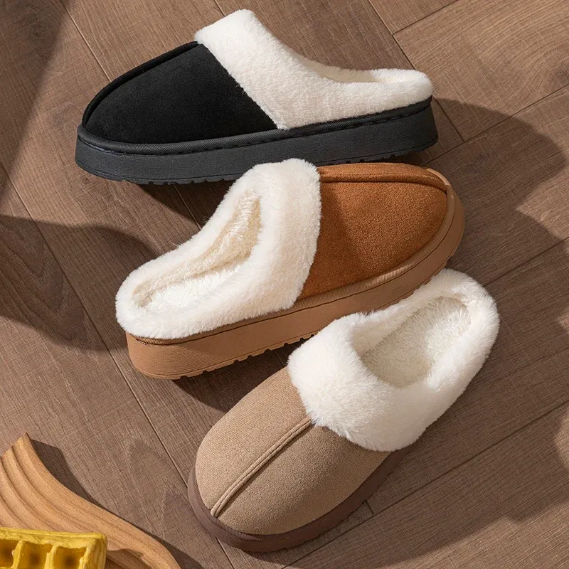 Color: GRAY, Shoe Size: 36-37 - New Fluffy Home Warm Slippers Women Soft Sole Bedroom Plush Lined Winter Shoes Woman Comfortable Non Slip Faux Fur Slippers 2024