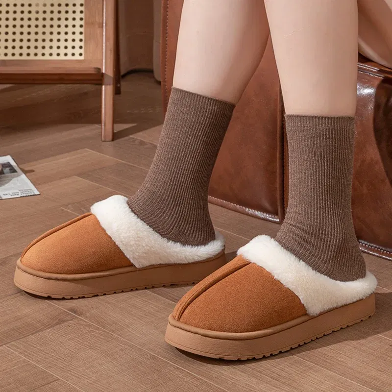 Color: GRAY, Shoe Size: 36-37 - New Fluffy Home Warm Slippers Women Soft Sole Bedroom Plush Lined Winter Shoes Woman Comfortable Non Slip Faux Fur Slippers 2024