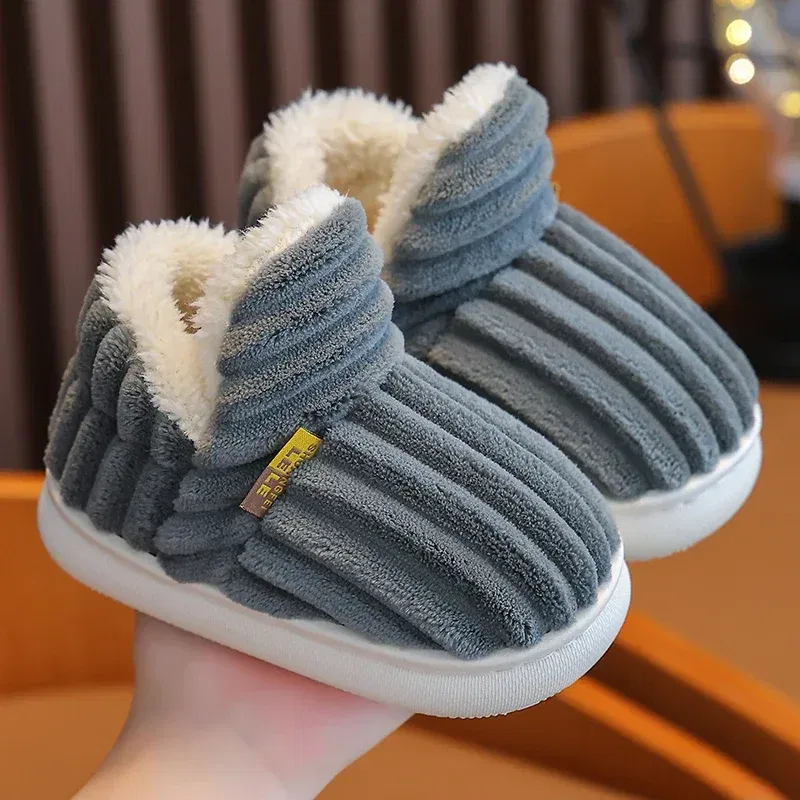 Color: Orange, Shoe Size: 2 - New Winter Concise Stripe Plush Slippers Children's Non-slip Soft Sole Kids Boys Girls Heel Wrap Warm High Home Cotton Shoes