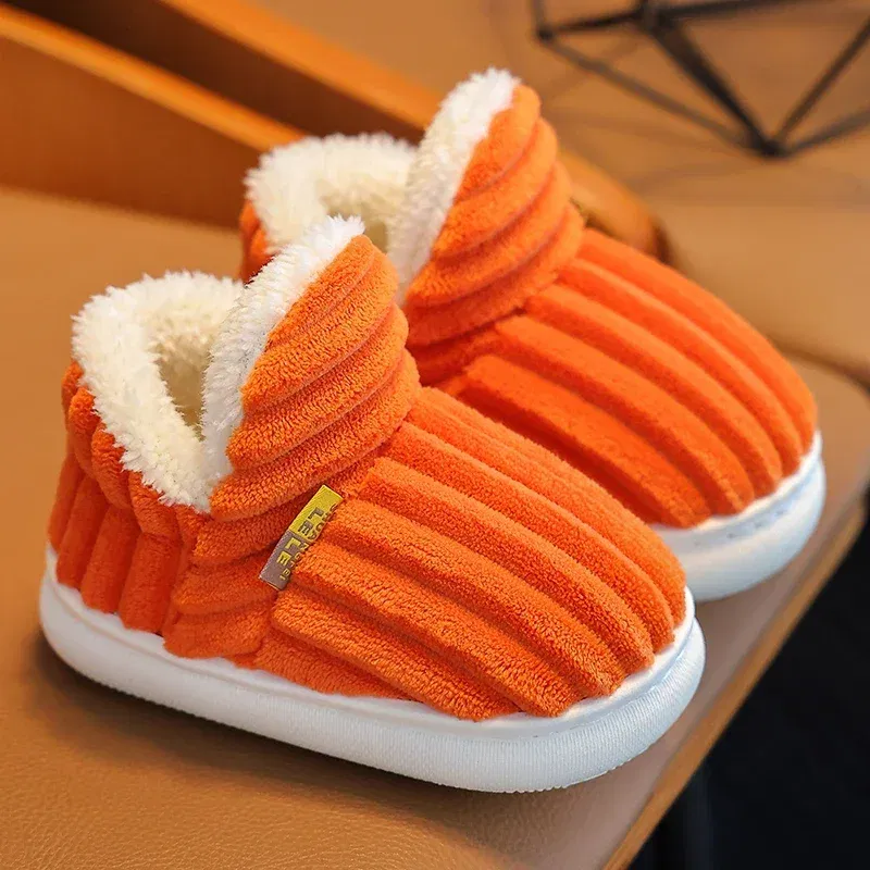 Color: Orange, Shoe Size: 2 - New Winter Concise Stripe Plush Slippers Children's Non-slip Soft Sole Kids Boys Girls Heel Wrap Warm High Home Cotton Shoes