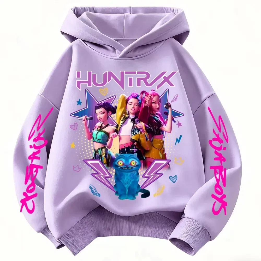 Color: Gold, Kid Size: 3T - Cartoon Hoodie for Boys and Girls KPop Demon Hunter Rumi Derpy Warm and Thick, Fashionable Casual Top, Printed Purple Sweatshirt