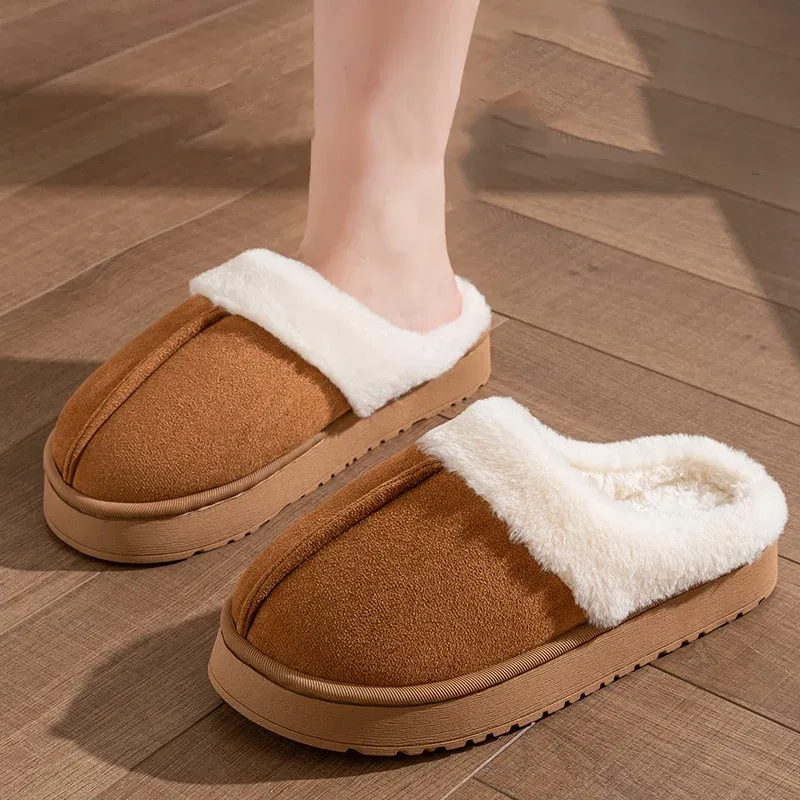 Color: Brown, Shoe Size: 38-39 - New Fluffy Home Warm Slippers Women Soft Sole Bedroom Plush Lined Winter Shoes Woman Comfortable Non Slip Faux Fur Slippers 2024