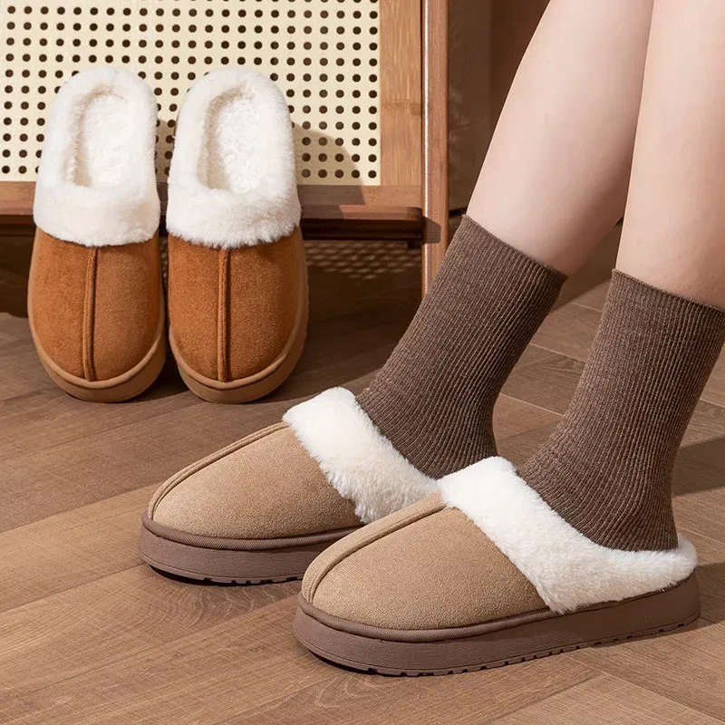 Color: Brown, Shoe Size: 38-39 - New Fluffy Home Warm Slippers Women Soft Sole Bedroom Plush Lined Winter Shoes Woman Comfortable Non Slip Faux Fur Slippers 2024