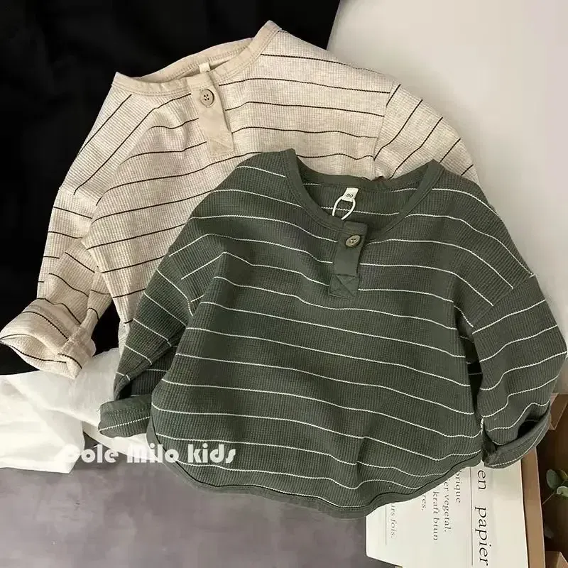 Color: Beige, Kid Size: 5 - Korean Children's Striped T-shirt 2024 Spring Boys and Girls' Long Sleeve T-shirt Bottom Shirt Baby Loose Top