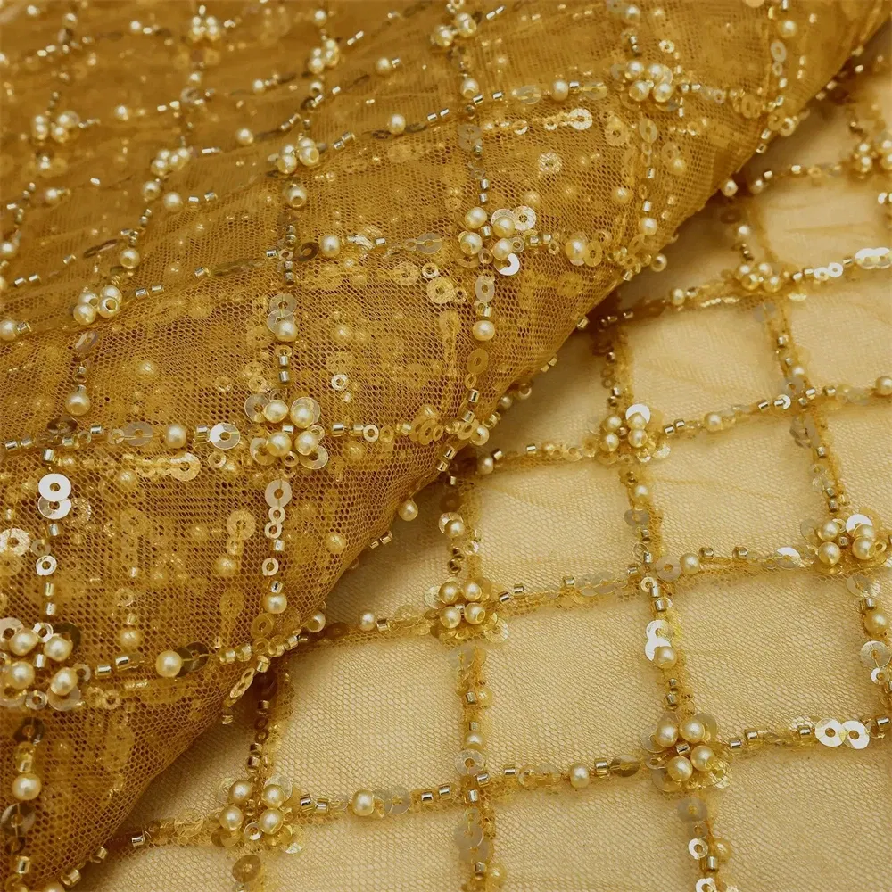 Color: Red, Length: 1 yard, Width: 120cm - Gold African Sequins Lace Fabric 2025 High Quality French Nigerian Groom Lace Mesh Fabrics Beads For Sewing Dress Wedding Party