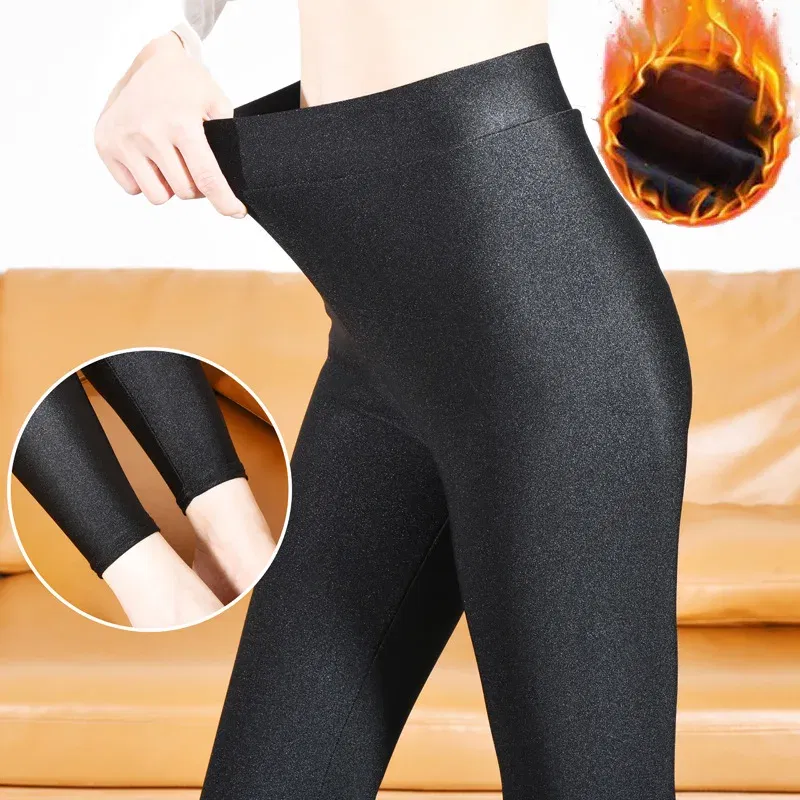 Color: black, Size: S - 6XL Large Size Women's Leggings Winter Thermal Tights Thin Fleece High Waist Sexy Slim Elastic Pants Female Luster Leggings