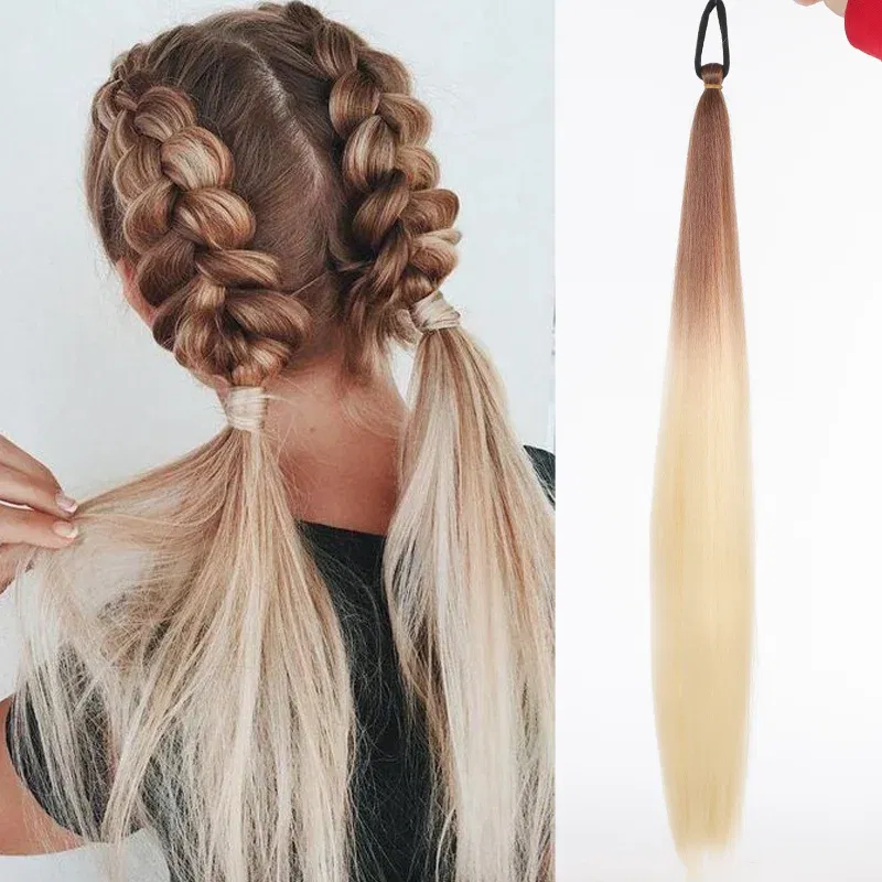 Color: #35, Stretched Length: 26inches - LUPU Synthetic Ponytail Extension with Elastic Tie Hair Band 26" Long Straight Colored Braiding Ponytail Ombre Pink Purple Blue