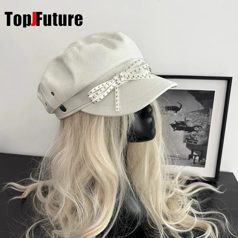 Punk Goth Lolita White Winged Angel PU Leather Navy Painter Hat Millennium Y2k Girl Harajuku Vintage Rivet Octagonal Newsboy Cap