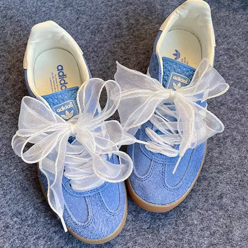 Color: Blue, Length: 120cm - 4cm Wide Festoon Fishtail Organza Shoelaces Wave Chiffen Fall Winer Bow Laces Beauty White Casual Sneaker DE Training Shoes Lace