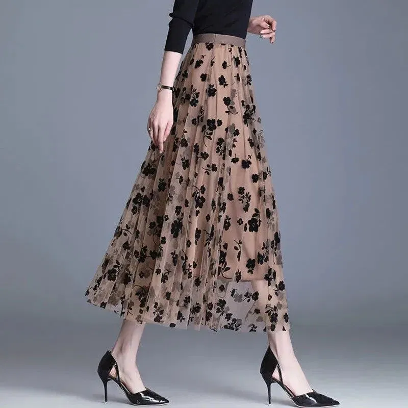 Color: black, Size: M - GIDYQ Korean Women Mesh Skirt Fashion Hook Flower Loose Midi Skirt Elegant Female Casual All Match Skirts Summer New