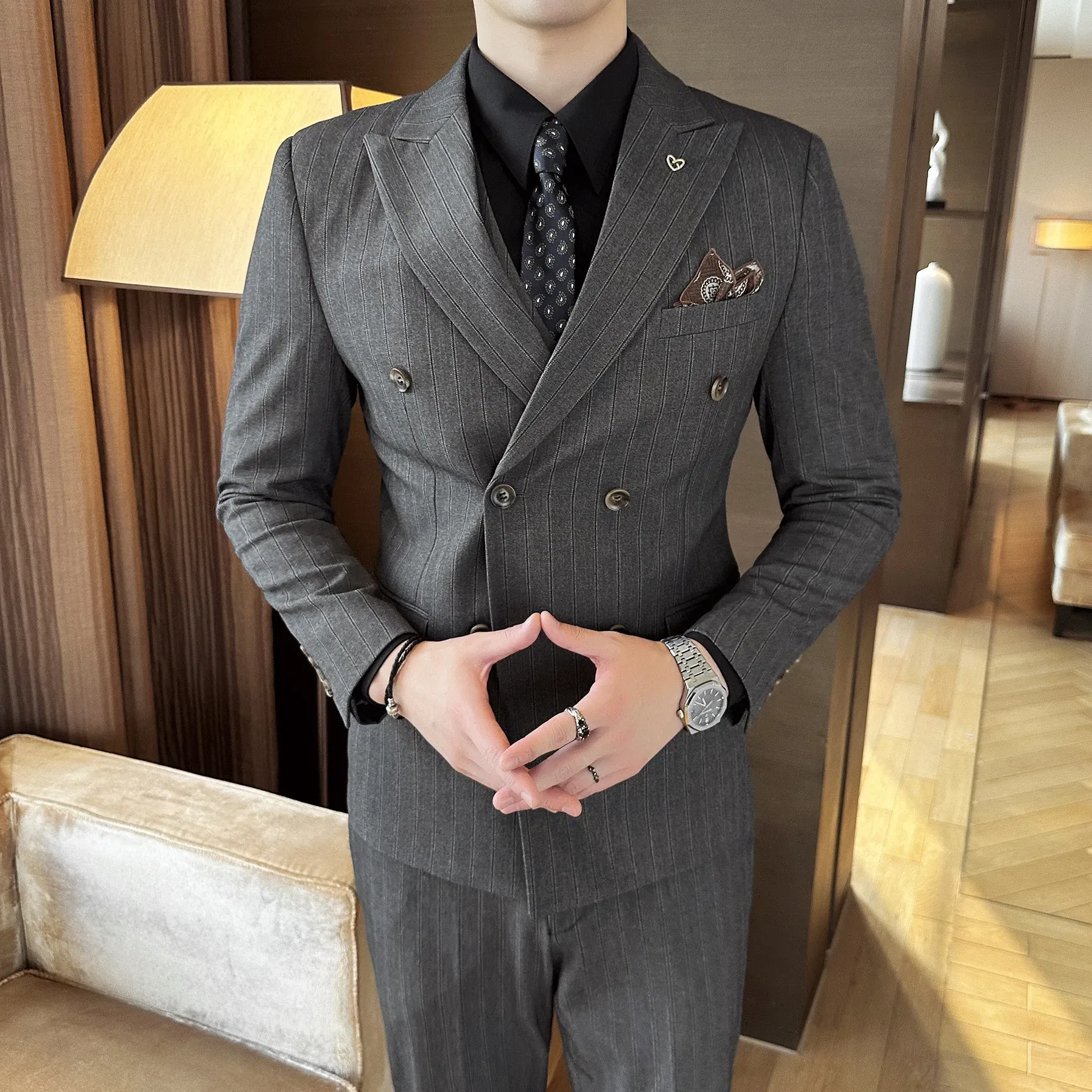 Color: Beige, Size: L - 2025 Korean-Style British High-Quality Autumn Winter Three-Piece Suit Set Fashionable Cool Versatile Striped Men's Clothing