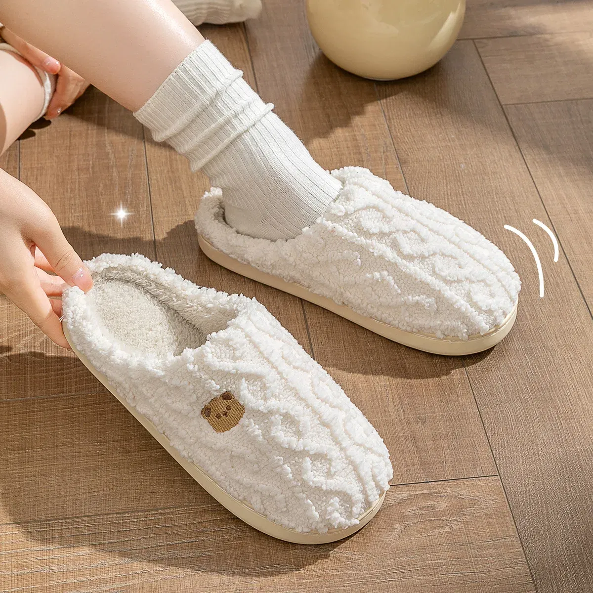 Color: Beige, Shoe Size: 36-37, Ships From: CHINA - Gacimy Women Fur Plush Slippers Girls Cut Bear Fuzzy Indoor Flat Home Slides Bedroom Fur Shoes Winter Warm Fluffy Cotton Slipper
