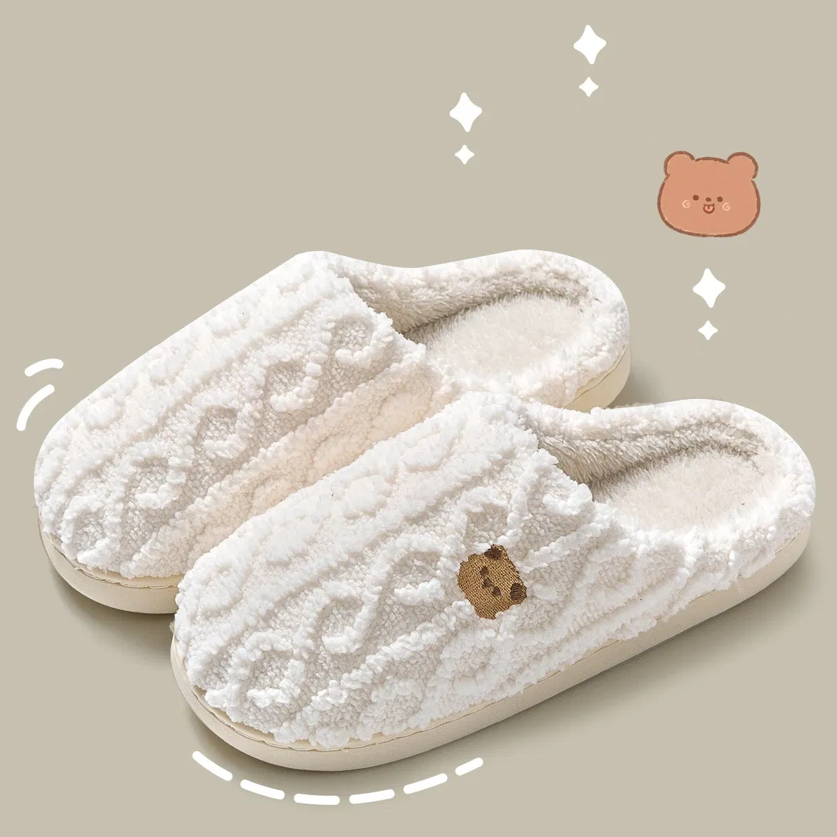 Color: Beige, Shoe Size: 36-37, Ships From: CHINA - Gacimy Women Fur Plush Slippers Girls Cut Bear Fuzzy Indoor Flat Home Slides Bedroom Fur Shoes Winter Warm Fluffy Cotton Slipper