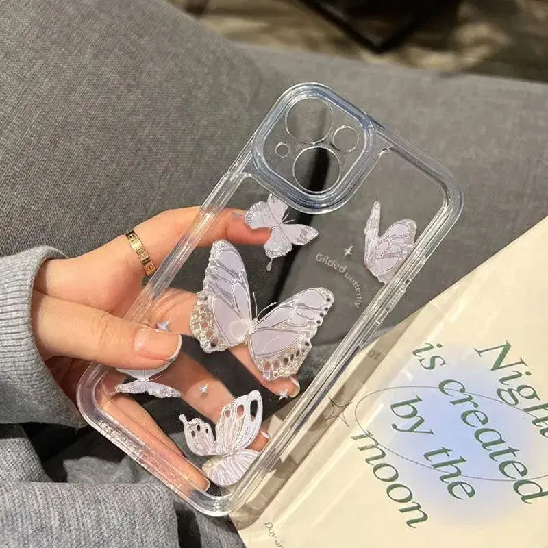 Color: Beige, Material: Neoprene - Simple Space Transparent Anti-fall Phone Case For iPhone 15 11 14 13 12 Pro Max Plus Silicone Protect Flower Butterfly Cover