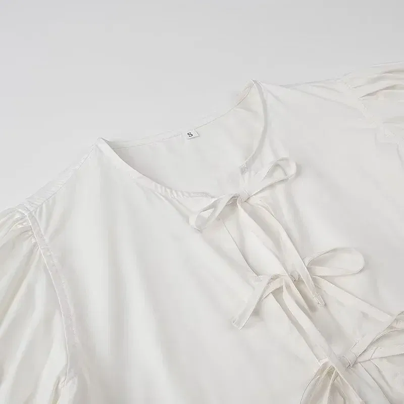 Color: black, Size: S - HXAO Woman 2024 Blouse Puff Sleeve Cropped White Blouse For Women Pleated Cut Out Black Blouse With Tied Leopard Print Top