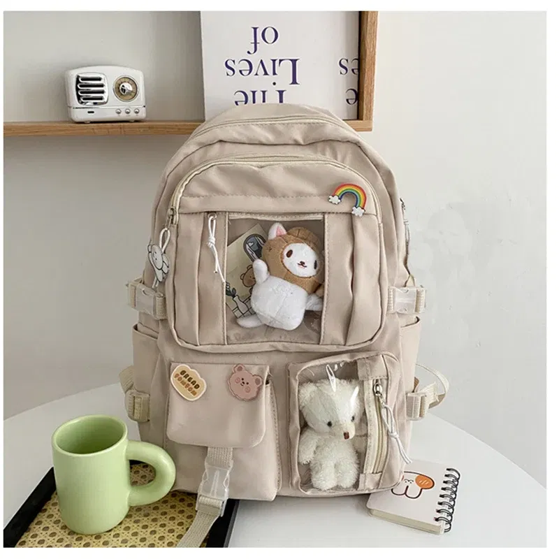 Color: Beige, Size: 16 inches - Large-capacity Cute Women Multi-Pocket Nylon Backpack Ins Junior High School Student School Bag Female Girl Backpack Laptop Book