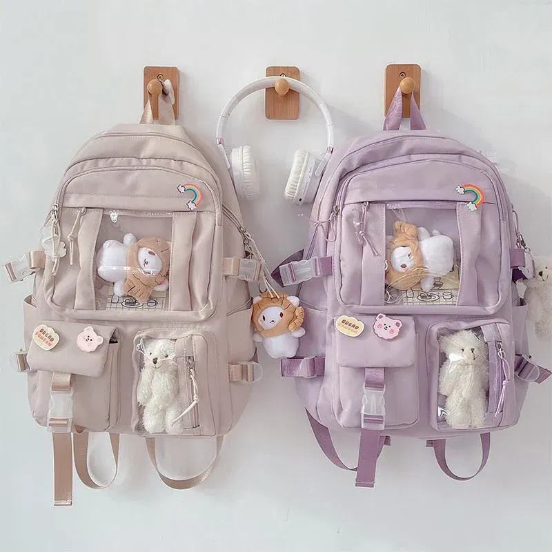 Color: Beige, Size: 16 inches - Large-capacity Cute Women Multi-Pocket Nylon Backpack Ins Junior High School Student School Bag Female Girl Backpack Laptop Book