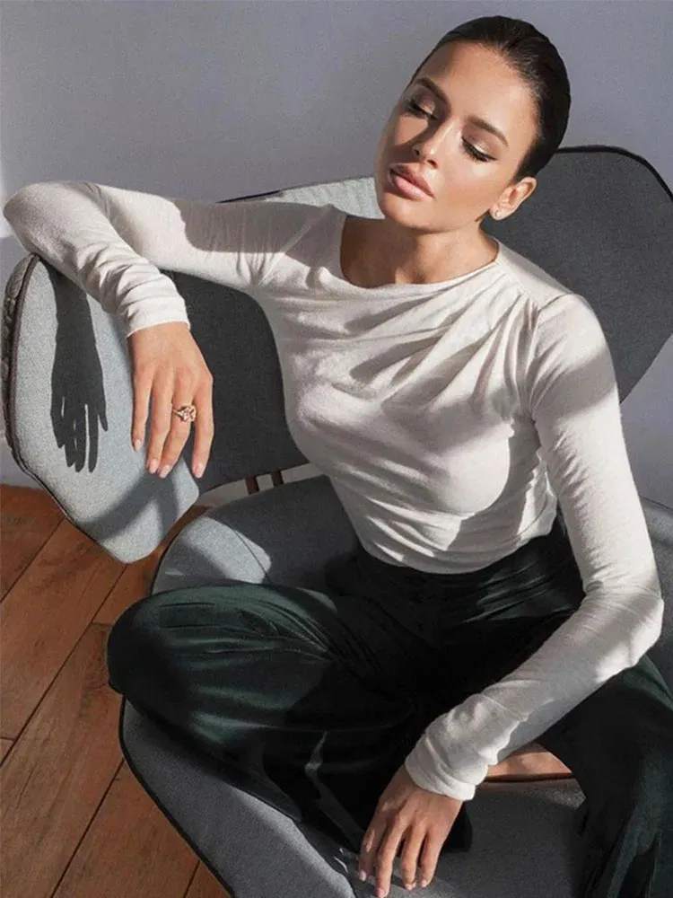 Color: black, Size: L - Long Sleeve Top White T-Shirts Women Basic Crop Top Autumn Pollover Solid Skew Neck T Shirt Streetwear Basic Black Y2K Tees