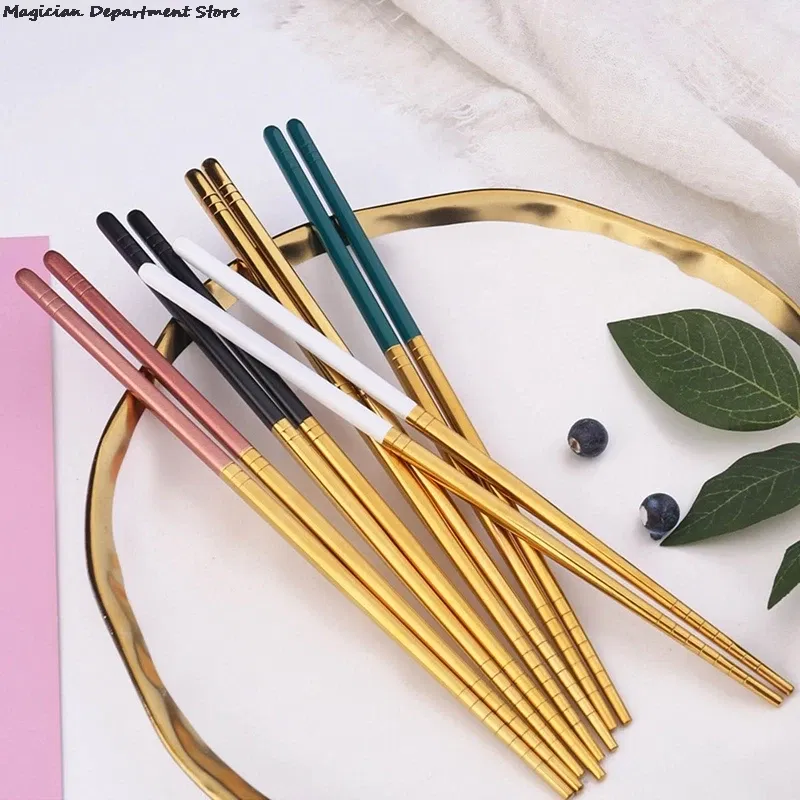 Color: green, Ships From: CHINA - Gold Glossy Stainless Steel Chopsticks Korean Style Metal Chopstick Dessert Dinner Home Tableware Kitchen Tool Portable Reusable