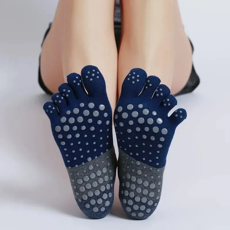 Color: Black - Ladies Breathable Yoga Socks Silicone Non-Slip Five Finger Pilates Socks for Backless Fitness Ballet Dance Cotton Gym Socks