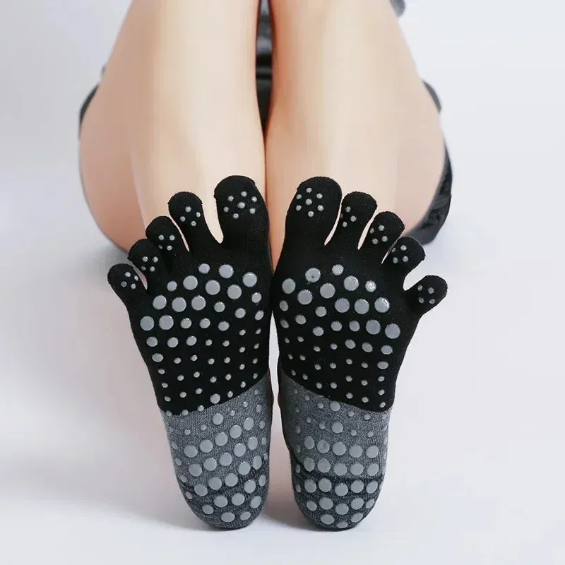 Color: Black - Ladies Breathable Yoga Socks Silicone Non-Slip Five Finger Pilates Socks for Backless Fitness Ballet Dance Cotton Gym Socks