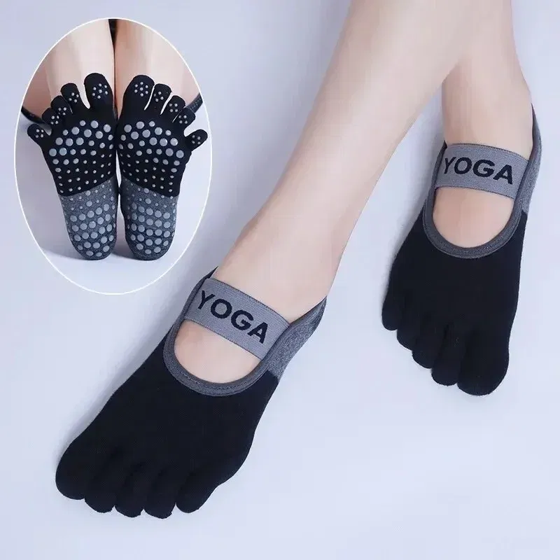 Color: Black - Ladies Breathable Yoga Socks Silicone Non-Slip Five Finger Pilates Socks for Backless Fitness Ballet Dance Cotton Gym Socks