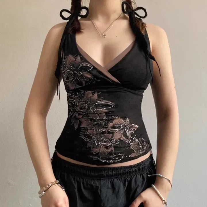 Color: Brown, Size: M - Y2K Printed V-Neck Vest Sexy Streetwear Slimming Top for Spicy Girl Trendy New Product