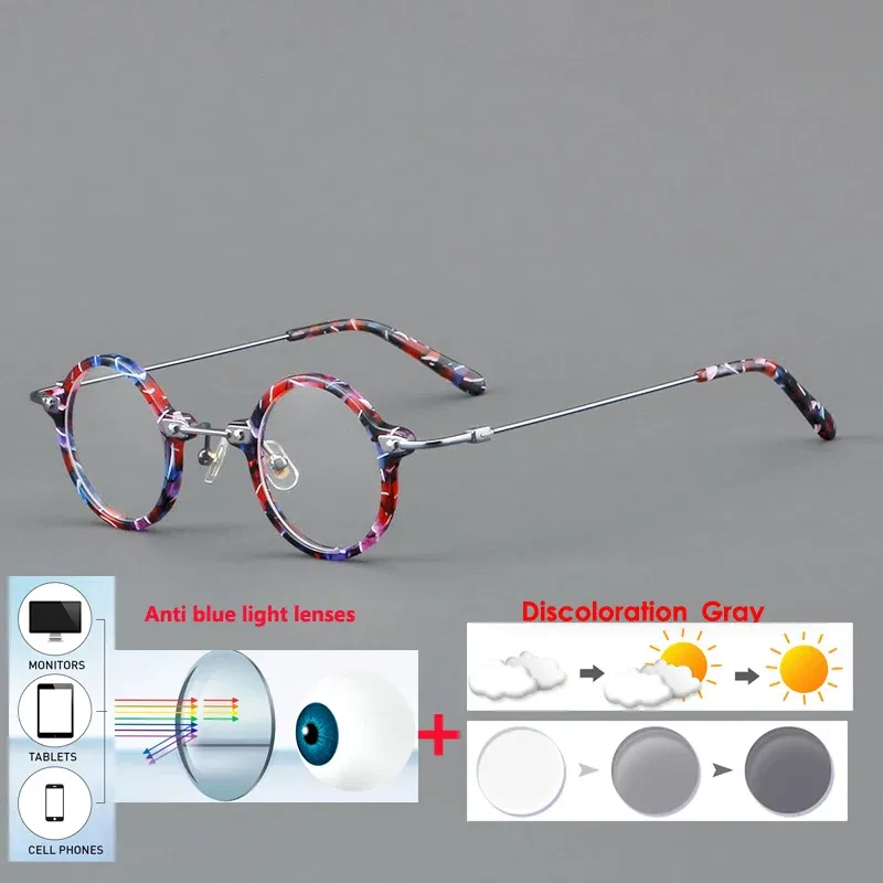 Frame Color: Blue, Eye Prescription: +250 - VCKA Anti-blue Discolor Acetate+Titanium Myopia Glasses Frames Small Round Men Prescription Optical Women Eyewear -0.50 to -10.0