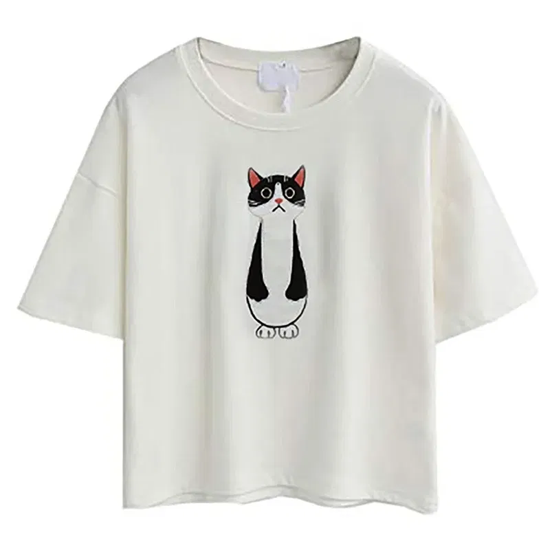 Color: Beige, Size: XL, Ships From: CHINA - 2021 Summer Cotton Short Sleeved Crop Top T-shirt Femme Embroidered Cat T Shirts Cartoon Women Fashion Cactus Top Tee T Shirt