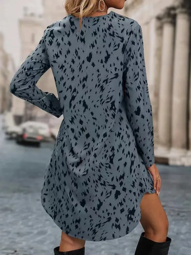 Color: Blue, Size: L, Ships From: CHINA - Spring Summer New Women Dress Casual Sexy V-Neck Long Sleeve Leopard Print Mini Dress Loose A-Line Shirt Dress Elegant Feminino