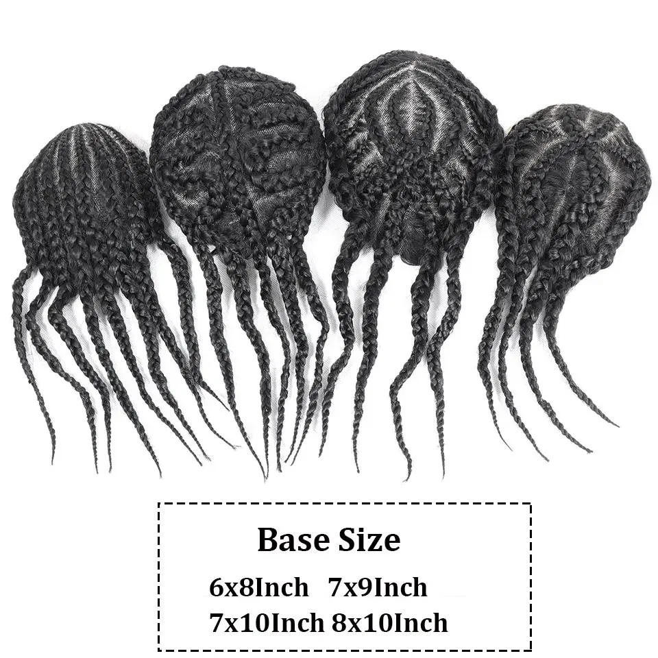 Cornrow Box Braided Toupee For Men Human HairPiece Breathable Lace With PU Replacement System Hair Prosthesis Units Patch Wig