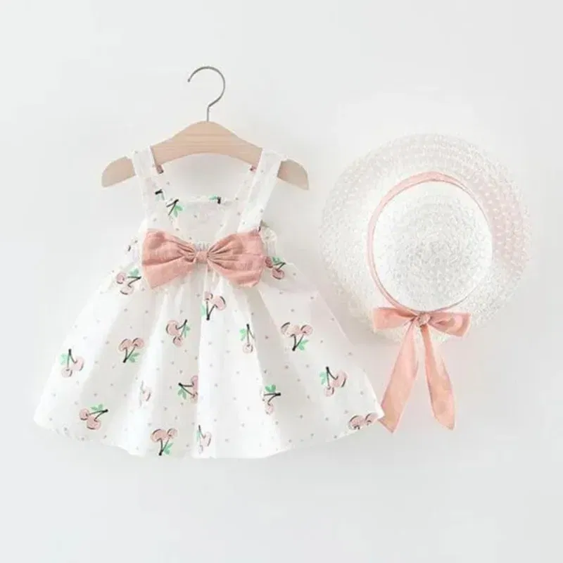 Color: Yellow, Kid Size: 4T - 1Pc Kids Girl Summer Sleeveless Dress Cute Print Bow Casual Dress with Straw Hat