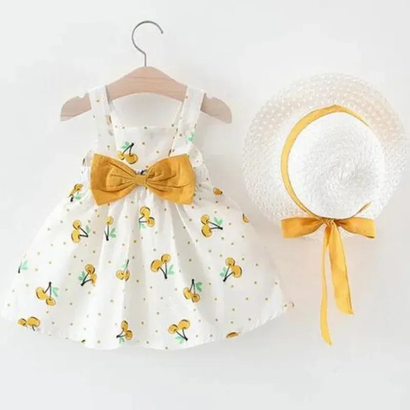 Color: Yellow, Kid Size: 4T - 1Pc Kids Girl Summer Sleeveless Dress Cute Print Bow Casual Dress with Straw Hat
