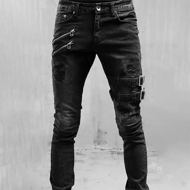 Color: Dark Grey, Size: S, Ships From: CHINA - Men's Punk Hip Hop Black Fashion Jeans Spring summer New Rock Motorcycle Street Wear Tight Casual Denim pants Straight leg pants