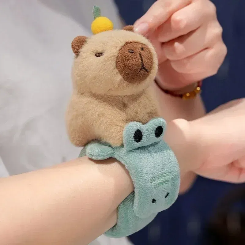 Color: GRAY, Height: 0-10cm - Capybara Slap Snap Wrap Capibara Plushie Wristband Bracelet Kawaii Cute Dog Cat Plush Toy Hand Ring Creative Funny Gift