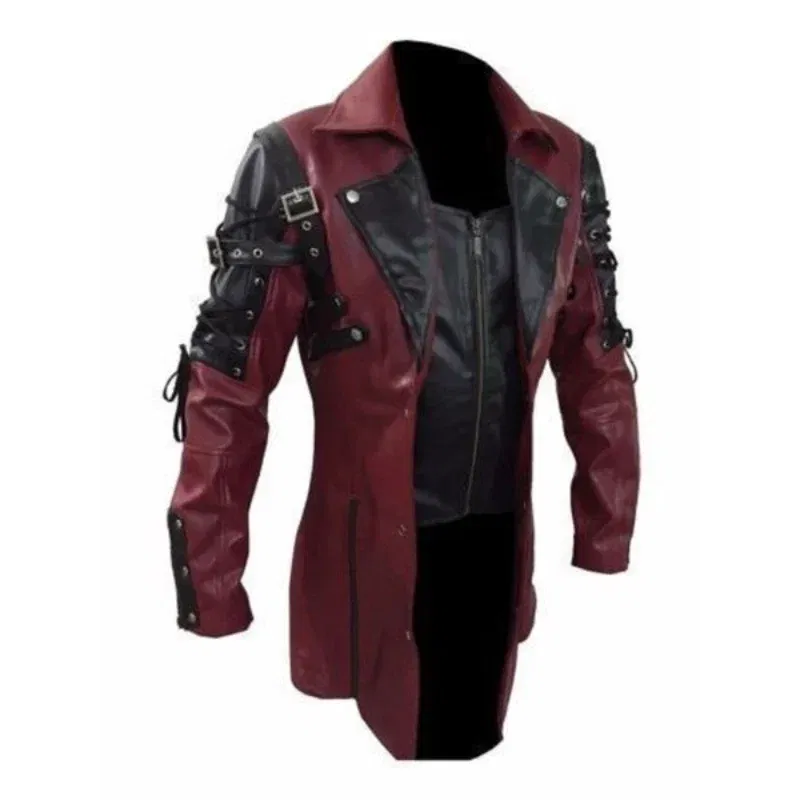 Color: Red, Size: XXL - Men PU Leather Coat Men Retro Slim Fit Fashion Leather Jackets Men Autumn Winter Motorcycle Jacket Turn Down Collar Male Jacket