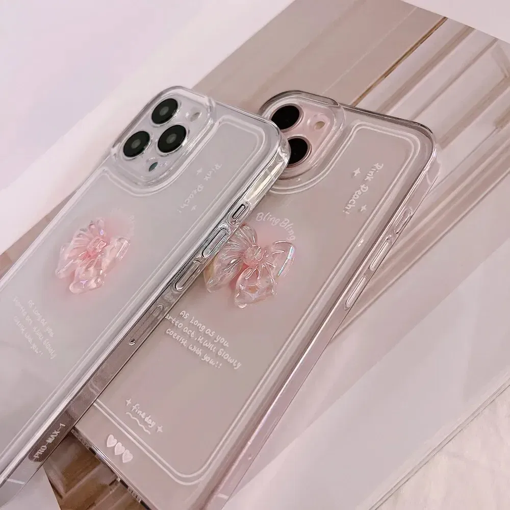 Material: nylon, Color: WHITE - NEW 3D Bow Transparent Mobile Phone Case For IPhone 15 14 Plus 13 Pro Max 12 Pro 11 Stereo Crystal Candy Cute Full Soft Cover
