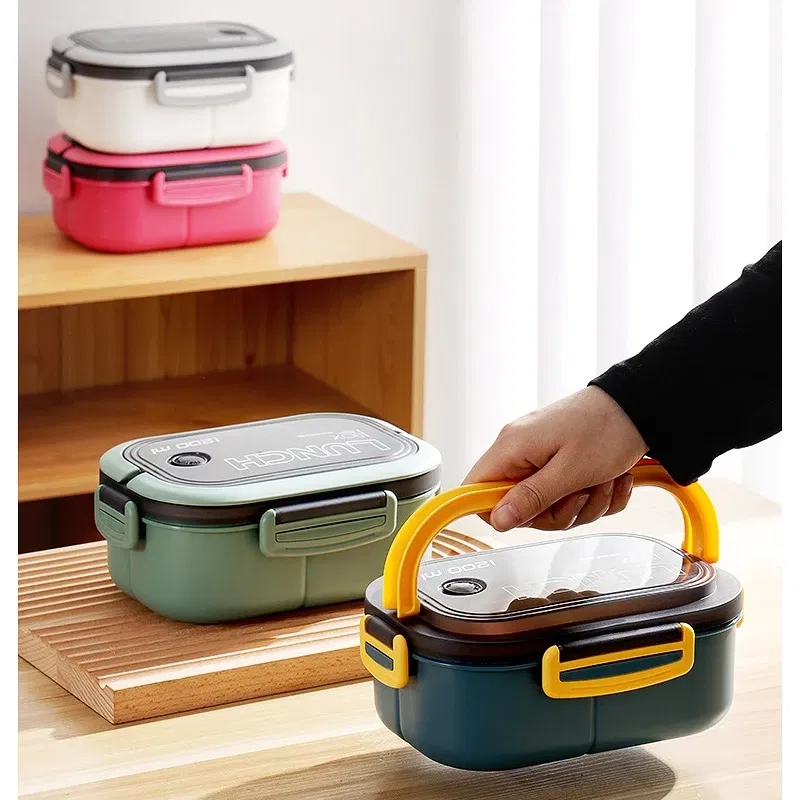 Color: Red - Lunch Box 2 Layers Grids Student Office Worker Microwave Hermetic Bento Box Outdoor Picnic Fruit Food Container with Fork Spoon