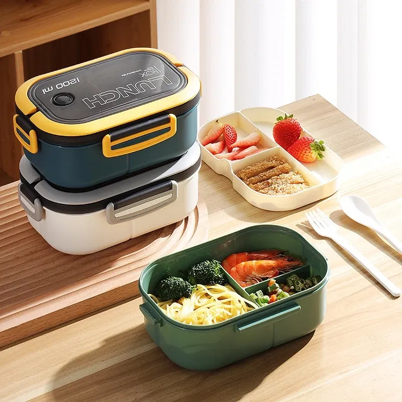Color: Red - Lunch Box 2 Layers Grids Student Office Worker Microwave Hermetic Bento Box Outdoor Picnic Fruit Food Container with Fork Spoon
