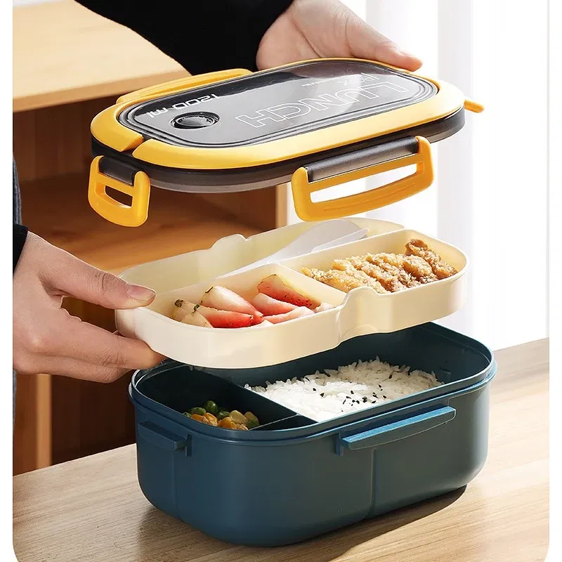 Color: Red - Lunch Box 2 Layers Grids Student Office Worker Microwave Hermetic Bento Box Outdoor Picnic Fruit Food Container with Fork Spoon