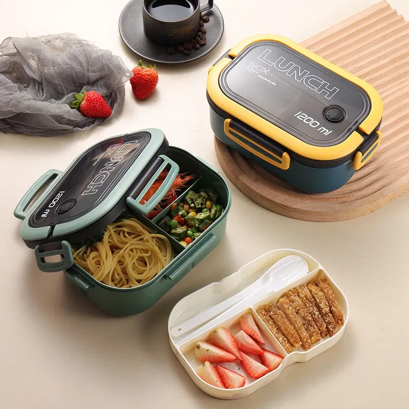 Color: Red - Lunch Box 2 Layers Grids Student Office Worker Microwave Hermetic Bento Box Outdoor Picnic Fruit Food Container with Fork Spoon