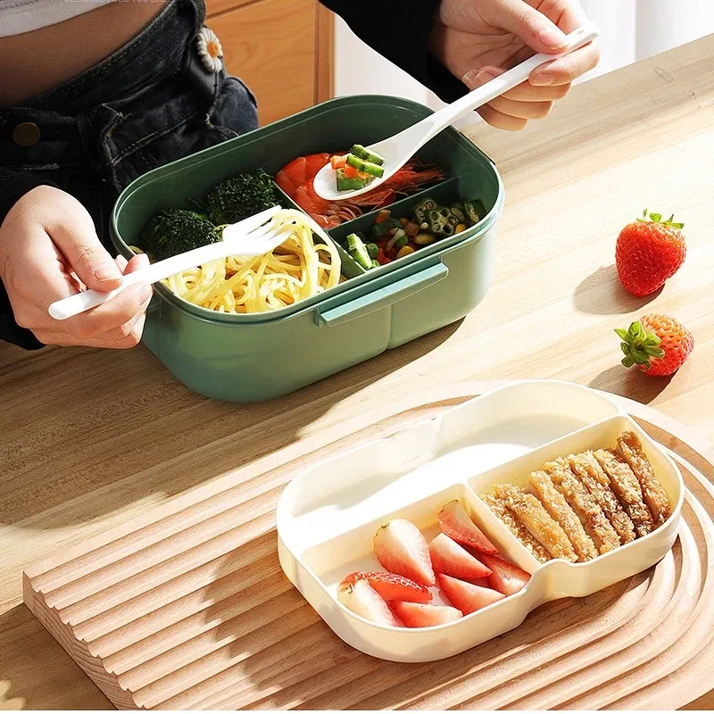 Color: Red - Lunch Box 2 Layers Grids Student Office Worker Microwave Hermetic Bento Box Outdoor Picnic Fruit Food Container with Fork Spoon