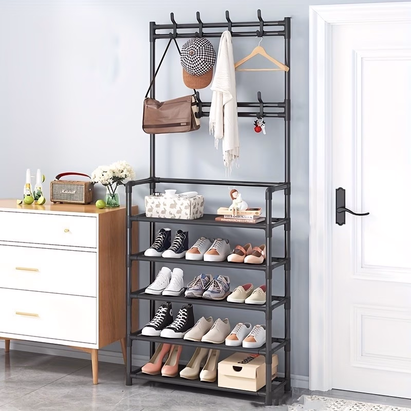 Versatile 4/5-Tier Storage Rack for Clothes and Shoes with 8 Hooks – Ideal for Organizing Hallways, Bedrooms, and Workspaces