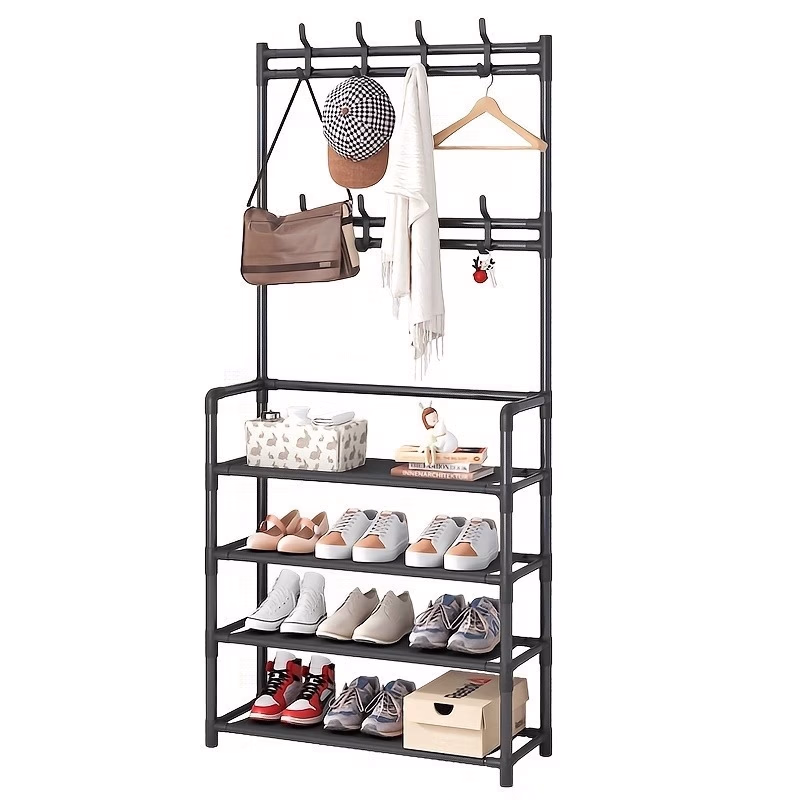 Versatile 4/5-Tier Storage Rack for Clothes and Shoes with 8 Hooks – Ideal for Organizing Hallways, Bedrooms, and Workspaces
